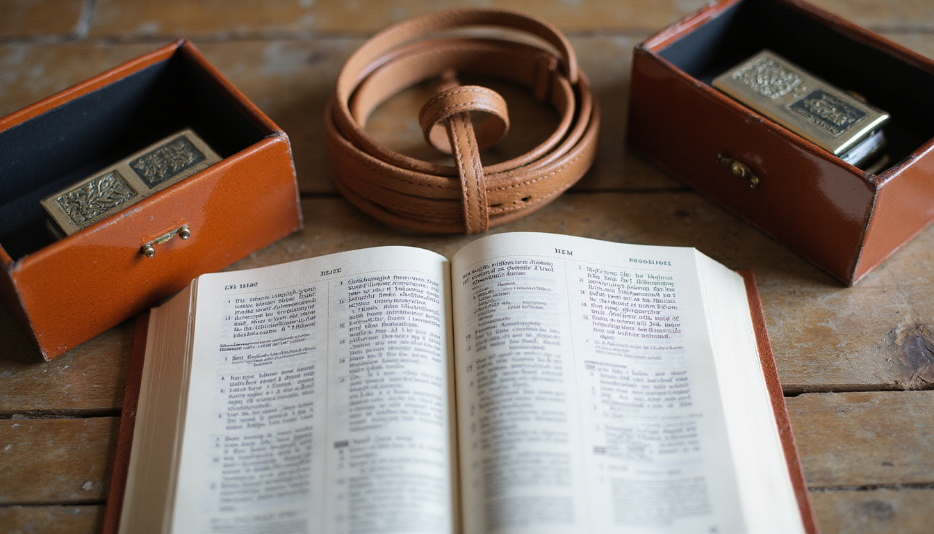  Instructional flatlay: tefillin boxes, leather straps coiled, annotated siddur pages, soft natural light