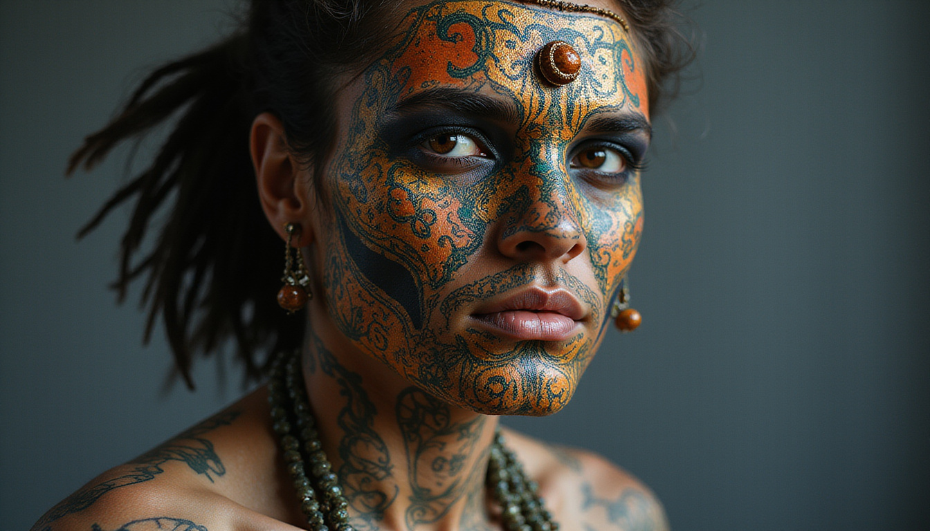 Person wearing ancestral mask, skin tattooed with tribal patterns, DNA helix morphing into corporate logos