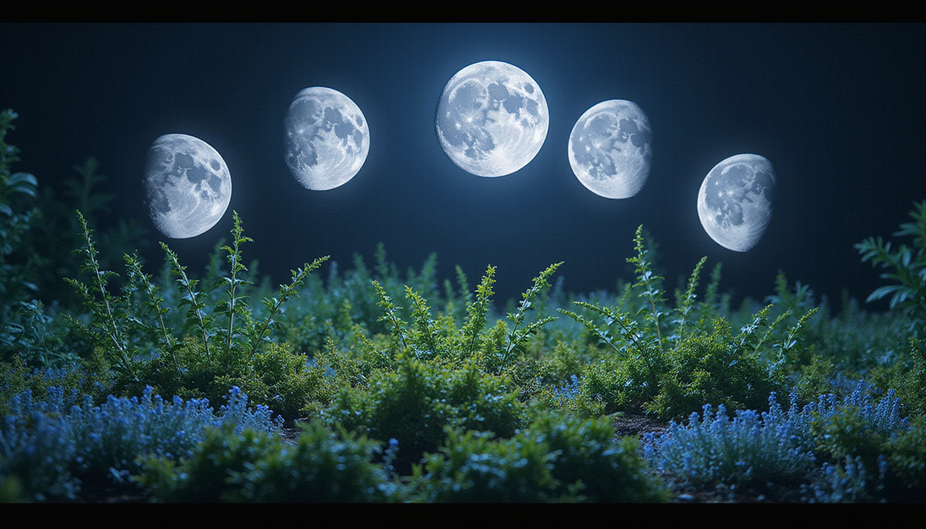 Lunar phases affecting garden growth, plants glowing under different moon stages, serene atmosphere