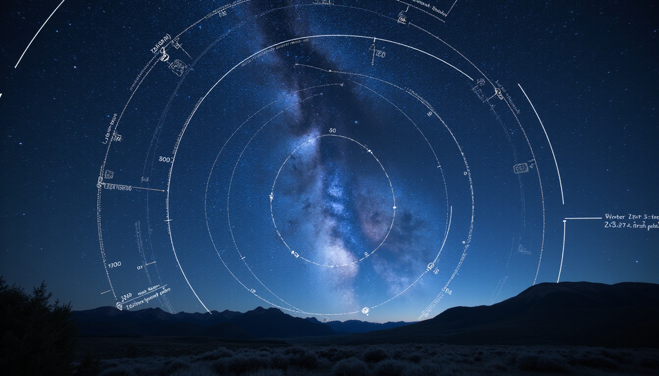 Digital ephemeris display overlaying planetary orbits, precise timestamps, night-sky horizon