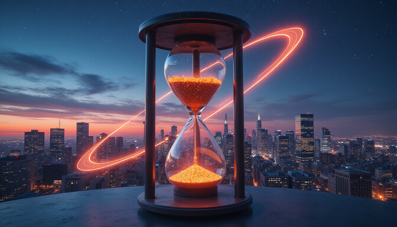 Modern city skyline under cosmic hourglass, planetary orbits timing success, glowing astrological glyphs