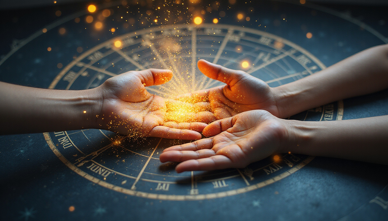 Astrological chart overlay, intertwined hands radiating golden threads of healing and compatibility