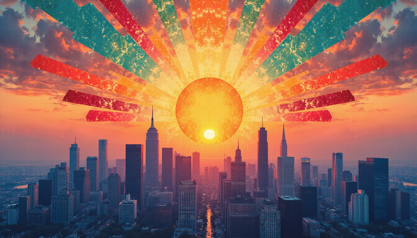 Auspicious moment chart overlaying city skyline, radiant arrows of prosperity, art nouveau, rich colors