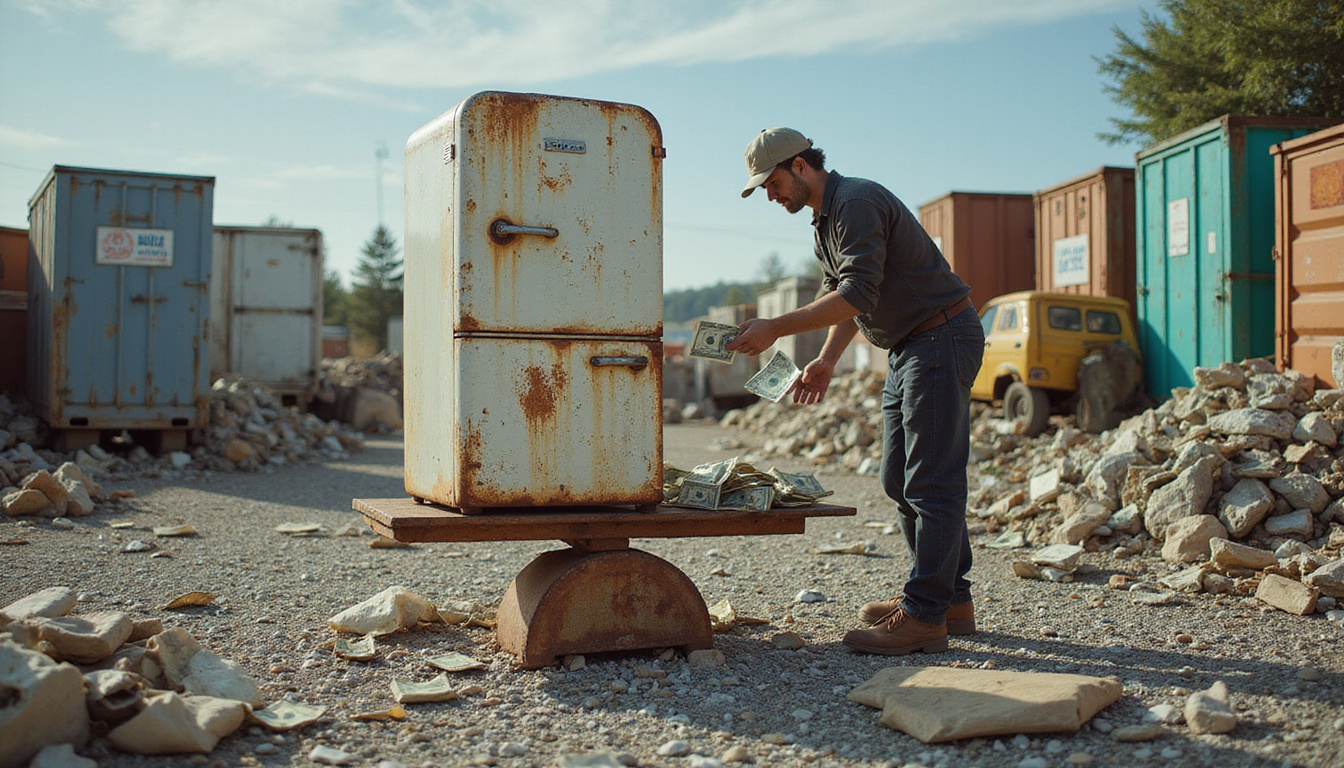  Scrap yard scene, rusty refrigerator on scale, mechanic exchanging dollar bills, eco-friendly recycling banners