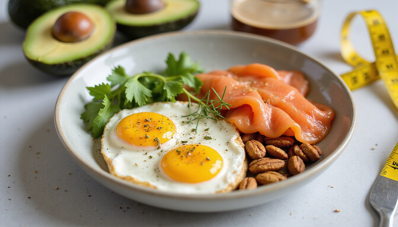  Healthy breakfast close-up: avocado, eggs, salmon, nuts, coffee, measuring tape, hormone infographic overlay