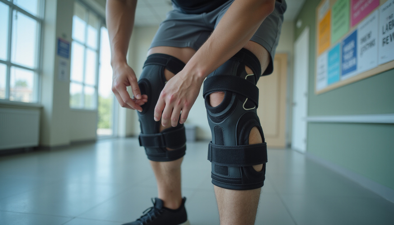 Dynamic close-up of hands adjusting knee brace, motion blur suggesting faster recovery, motivational charts, Singaporean clinic interior