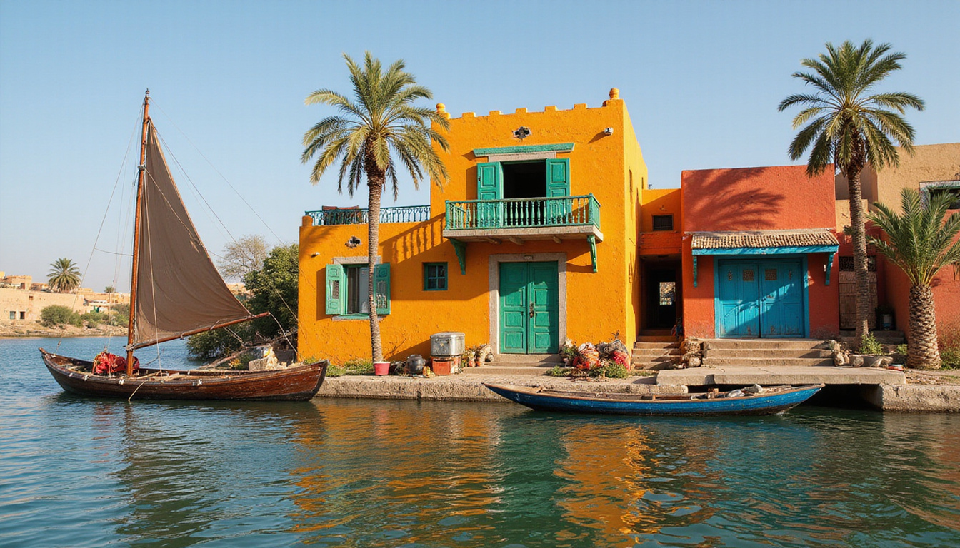 Authentic Nubian riverbank home, colorful painted facade, felucca on Nile, market spices nearby