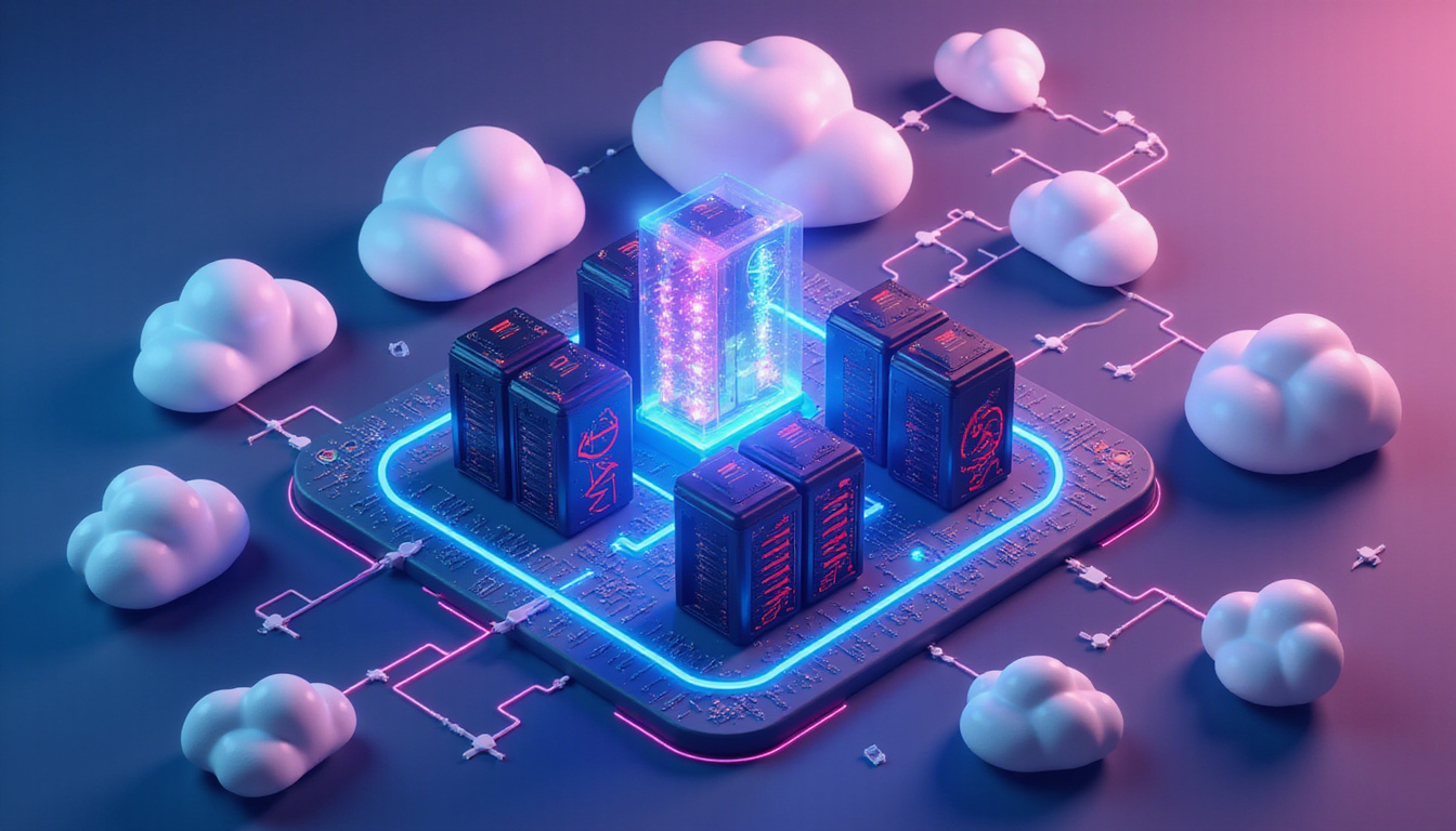  Isometric cloud servers forming scalable ad pipelines, engineers coding automation, neon analytics graphs