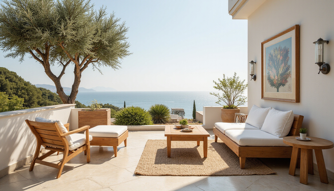 Mediterranean terrace suite morning, teak furniture, white linen, potted olive trees, soft sunlight, ocean view