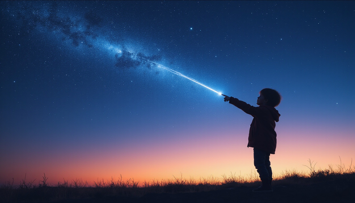  Silhouetted child pointing at streaking meteor, wishful expression, sparkling night sky, warm horizon glow