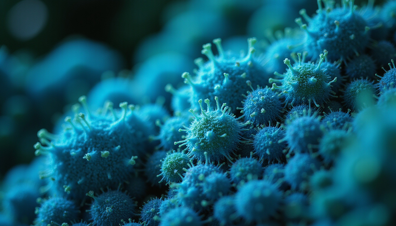 Microscopic view: ginseng compounds boosting immune cells and neural synapses, luminous blue-green