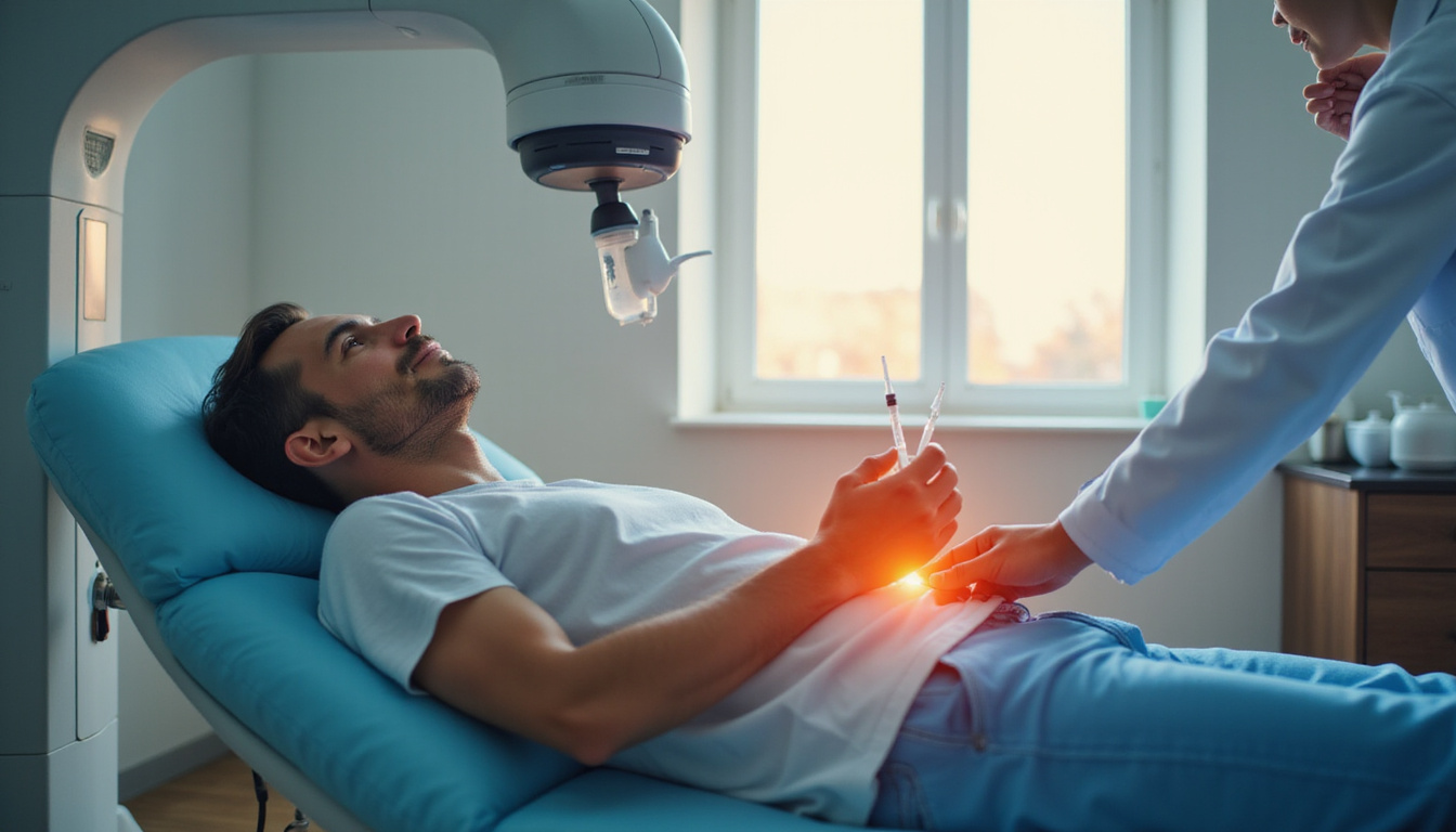  Relieved patient reclining, radiologist guiding injection, soft warm light symbolizing pain relief