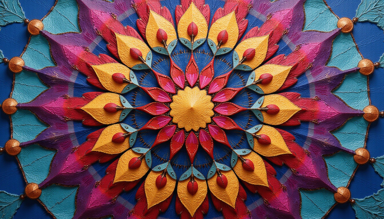 Top down mandala pattern vibrant gradients metallic accents soft shading complementary color harmony