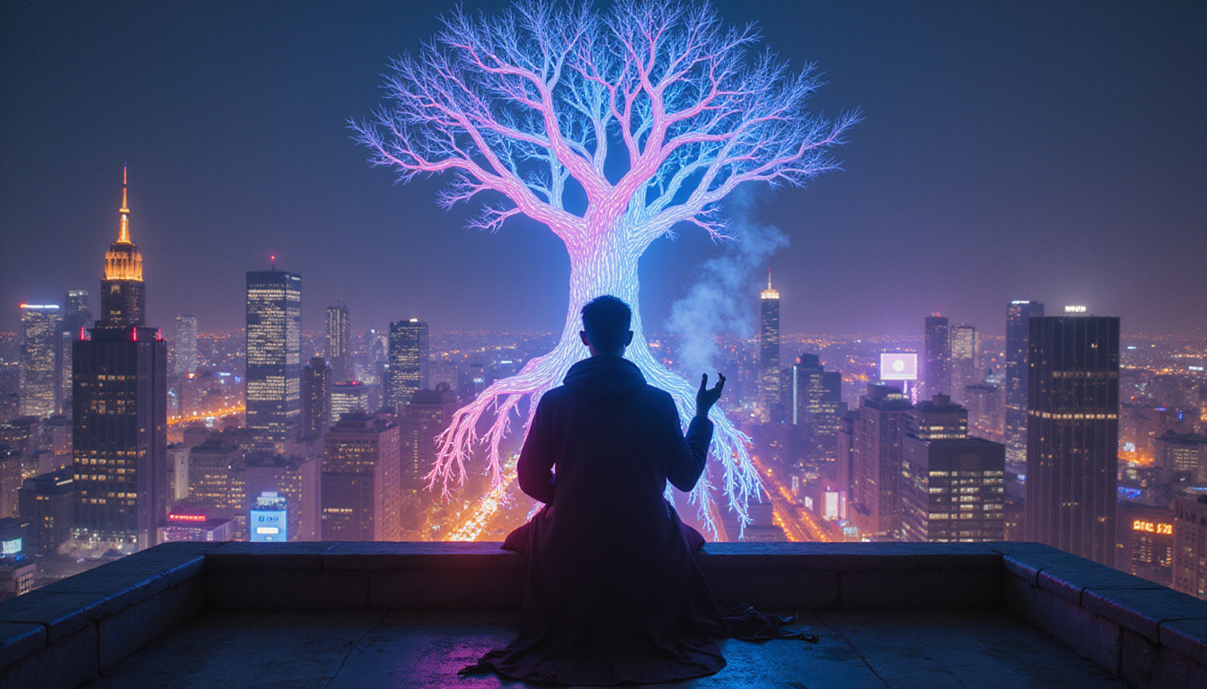  Rooftop altar overlooking neon city, modern practitioner offering incense to urban tree-spirit, holographic sigils