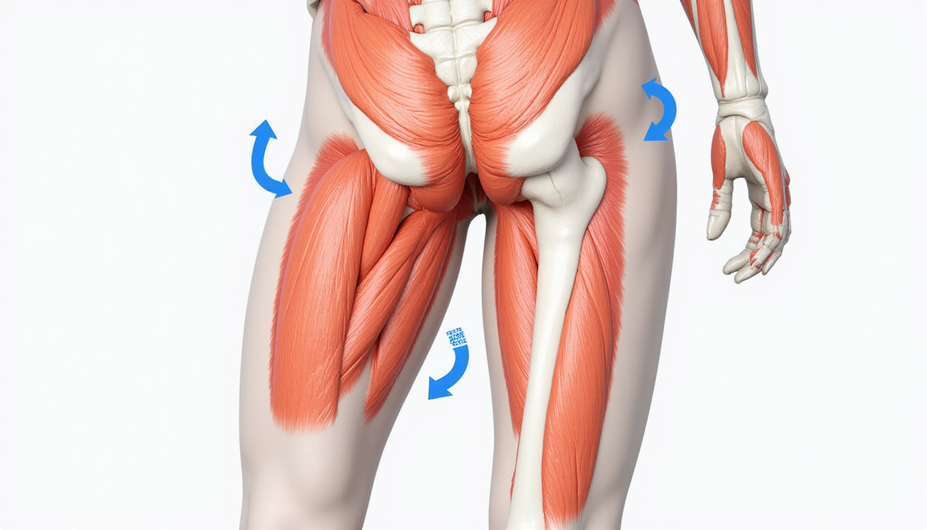  Anatomical overlay of hip muscles highlighted during stretch, vibrant colors, arrows indicating increased mobility