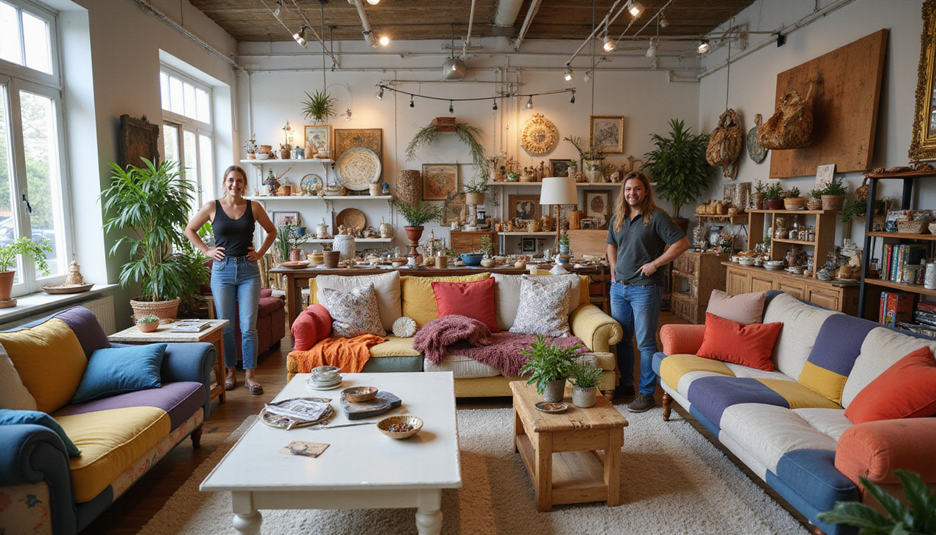 Marketplace showroom of profitable upcycled treasures, colorful patched sofas and lacquered tables, smiling customers