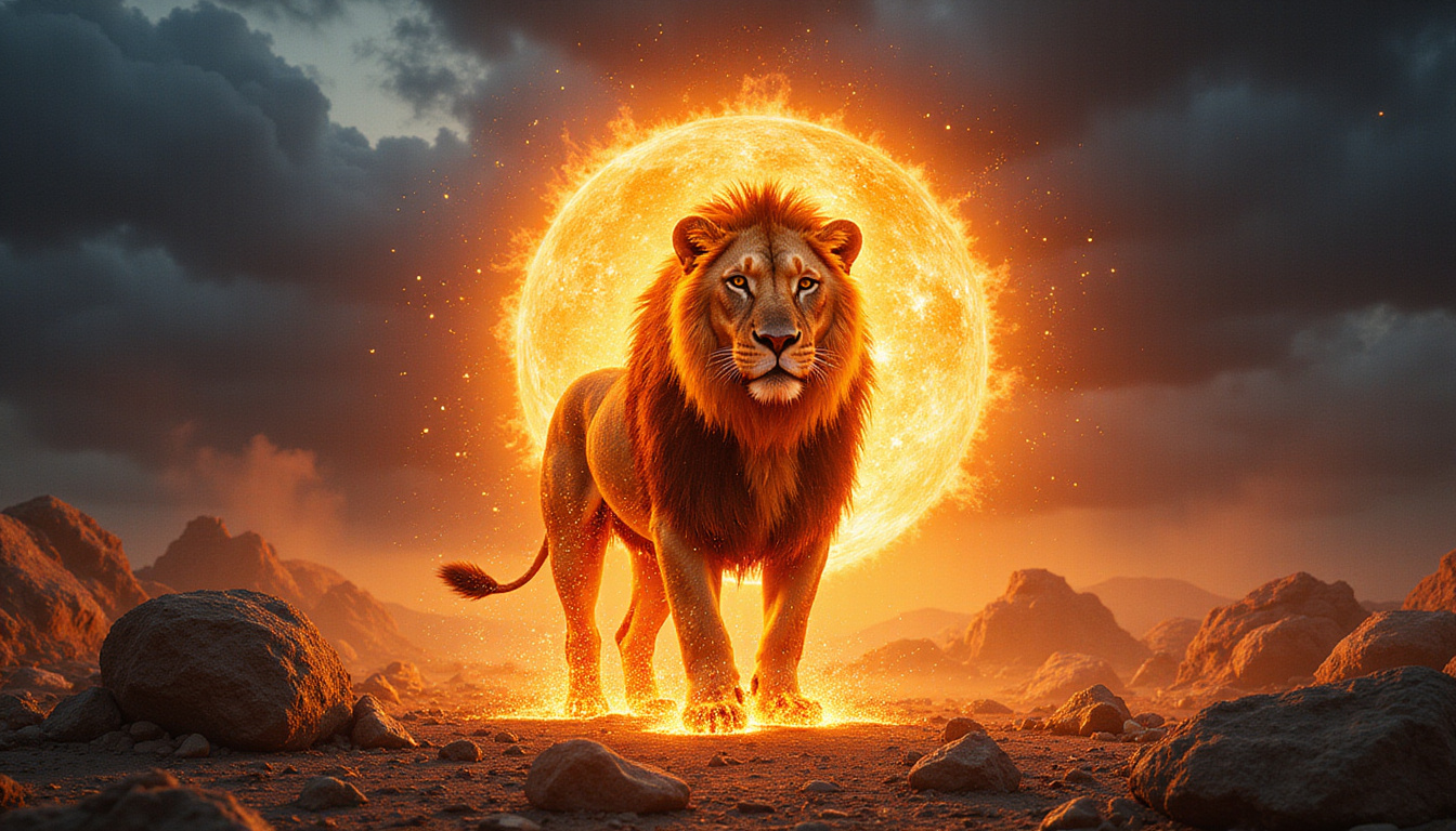 Solar lion with molten mane, constellations etched in fur, secretive gaze, storm-lit amphitheater, hyper-detailed