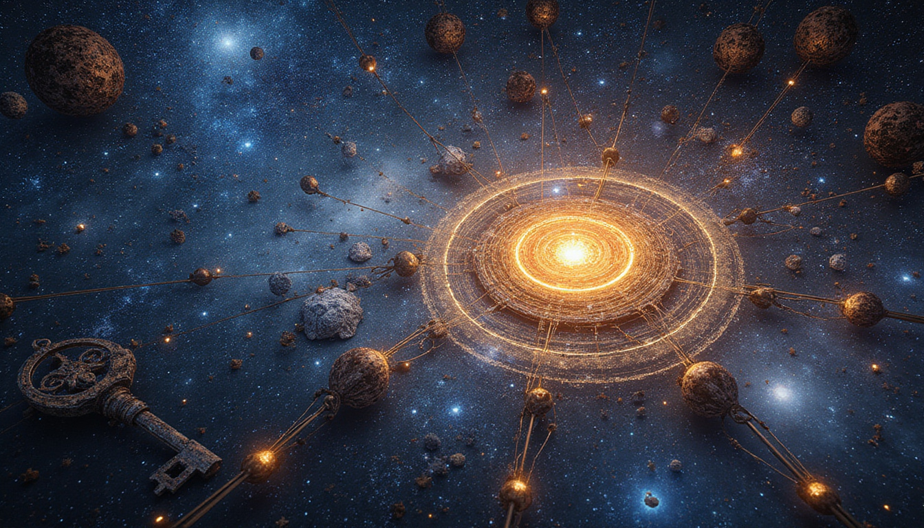 Ancient key unlocking celestial moon nodes, personality archetypes emerging, fate threads weaving