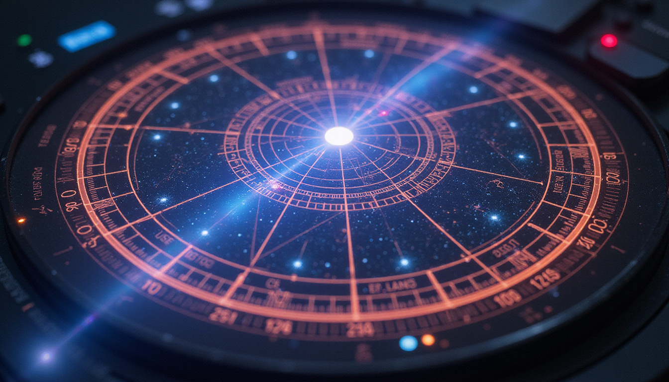 Futuristic holographic ephemeris display mapping comet paths, precision instruments, celestial clockwork