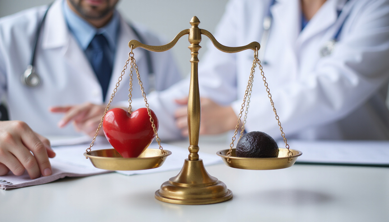  clinical scale balancing heart symbol and dark clot icon, medical documents, doctor pointing, decisive atmosphere