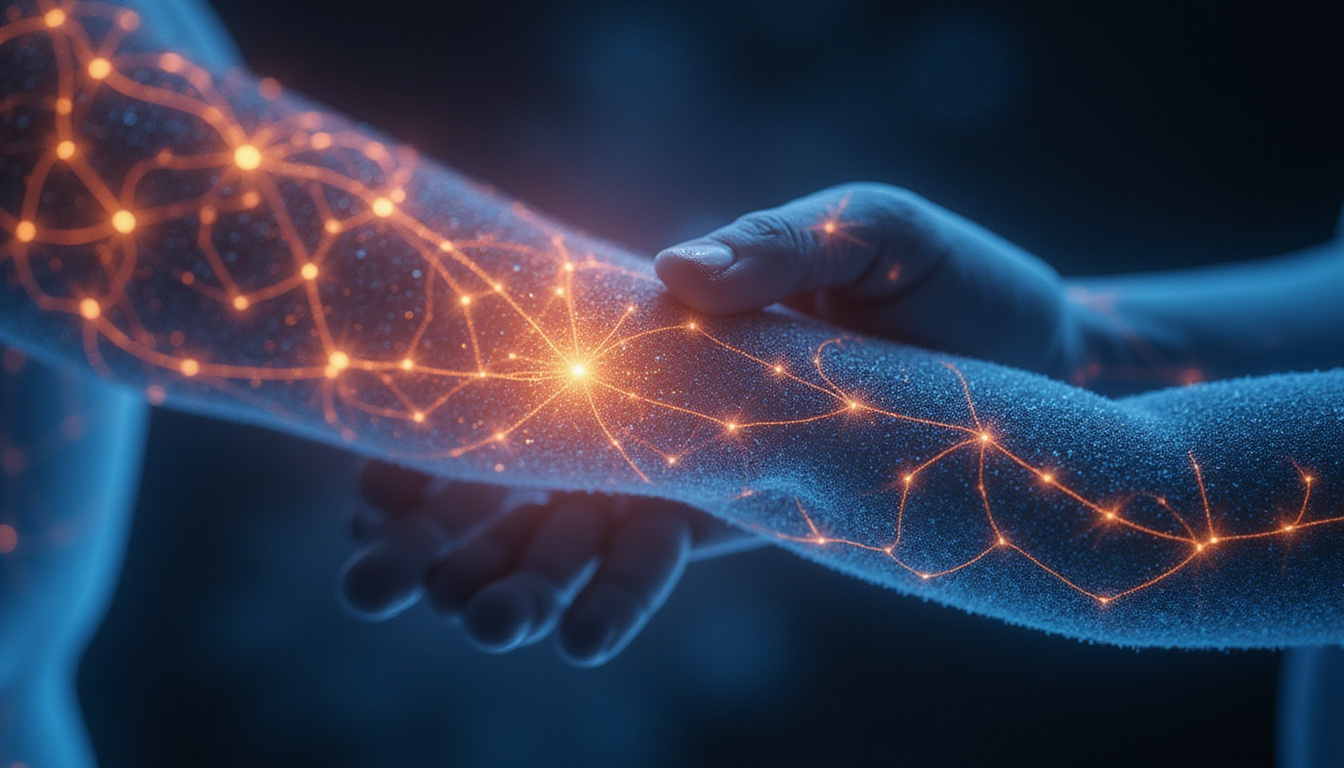 Overlay neural pathways glowing, hands on physiotherapy manipulating spastic arm, hopeful expression