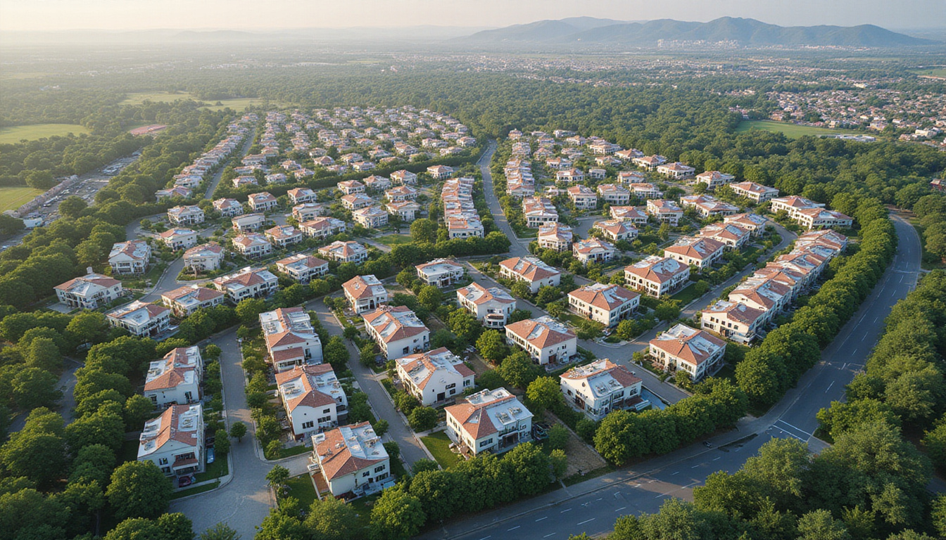 Map-like aerial view of Obour neighborhoods, highlighted investment hotspots, modern villas, green parks, metro