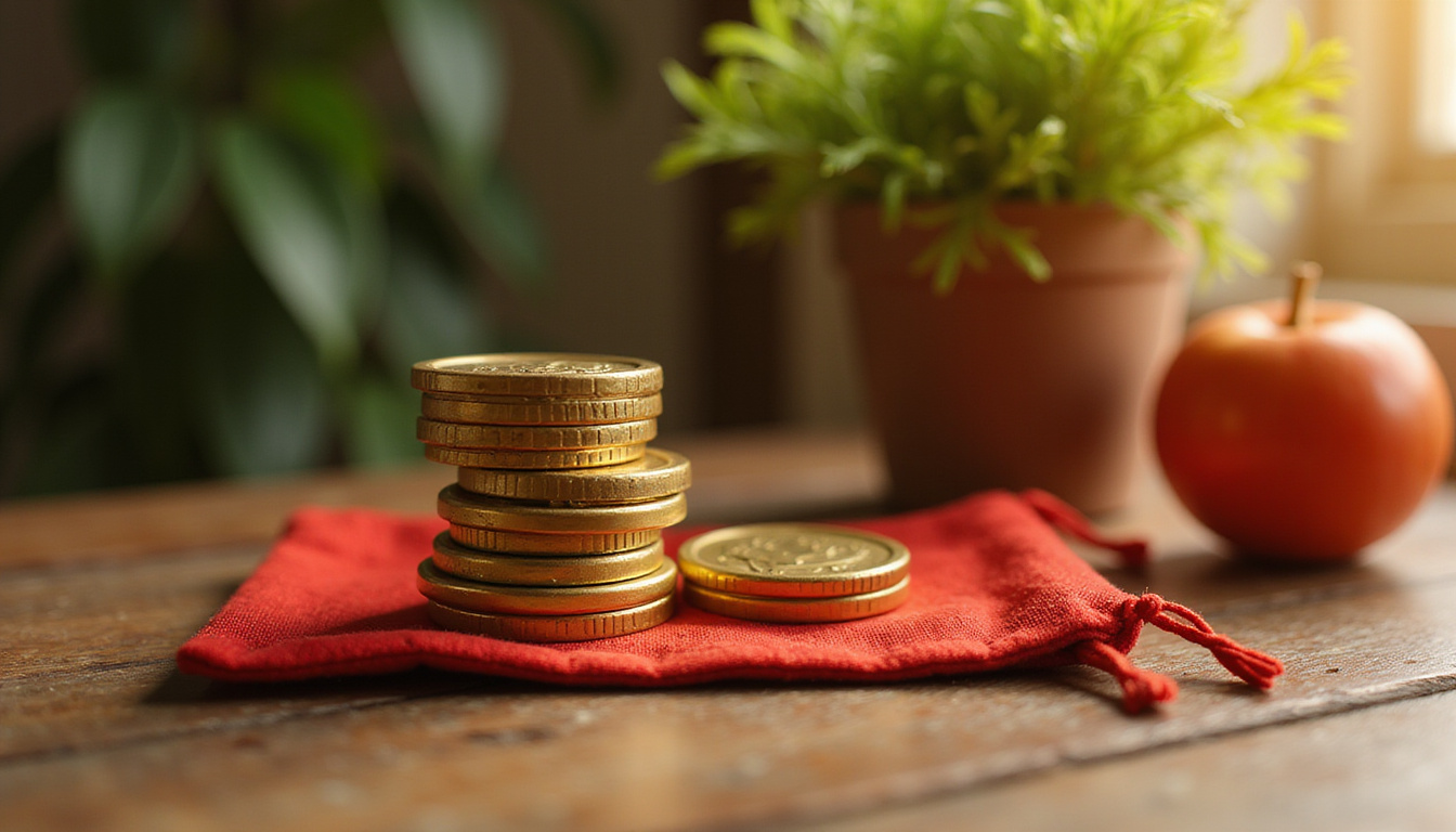 Close-up of three Chinese coins stacked in red pouch on desk, green plant, golden glow