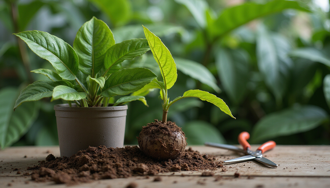 Close-up of healthy rootball and pot, rich soil, pruning shears, vibrant tropical foliage
