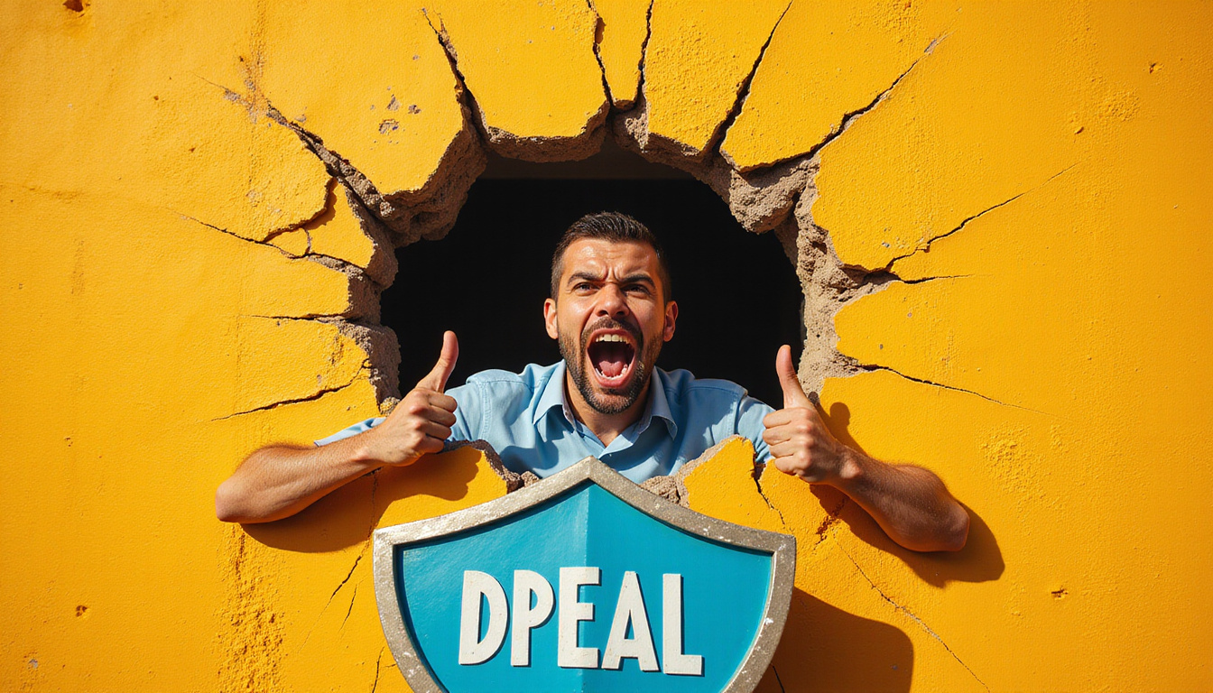  Determined claimant tearing through a DENIAL wall, shield labeled APPEAL, triumphant sunlight
