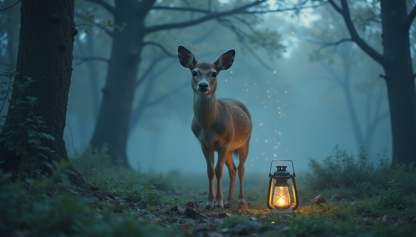 Gentle doe with wise eyes holding a lantern of stars, misty ancient woodland