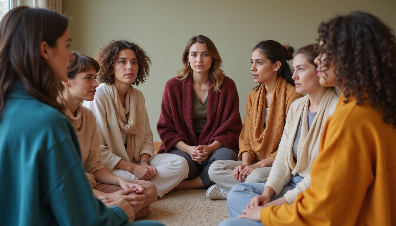  Diverse women seated in circle, prayer shawls draped, shared secrets, palpable calming aura