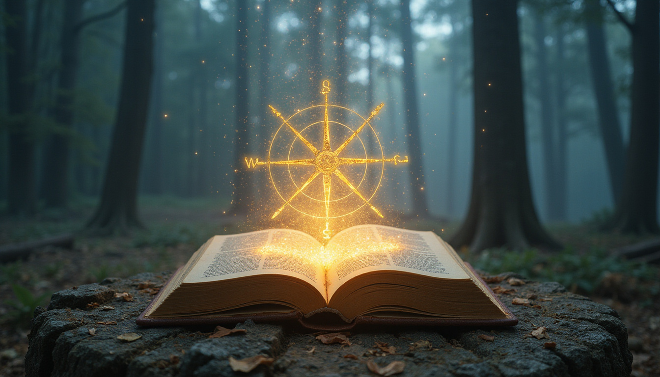  Ancient book emitting golden symbols and compass-beam of intuition across starry horizon, misty forest