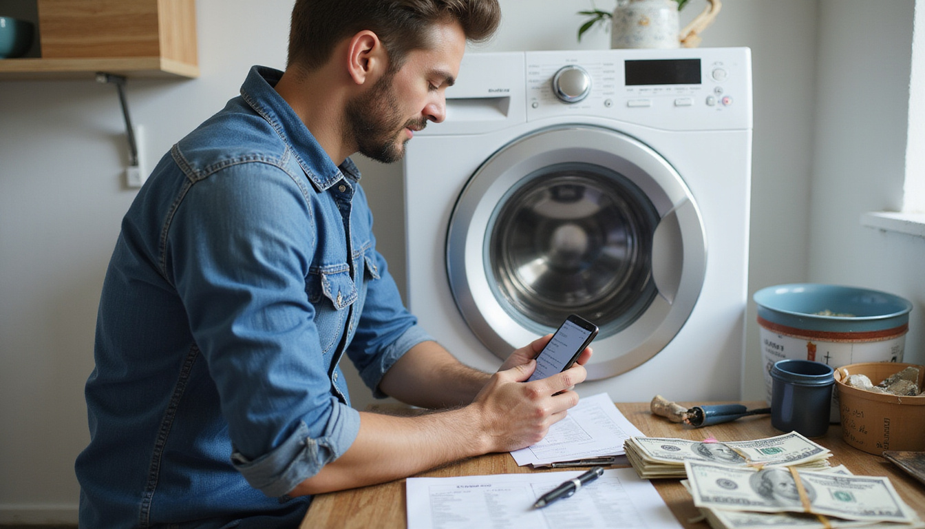 Entrepreneur inspecting repaired washing machine, tools on table, cash and smartphone showing listings, shallow depth-of-field