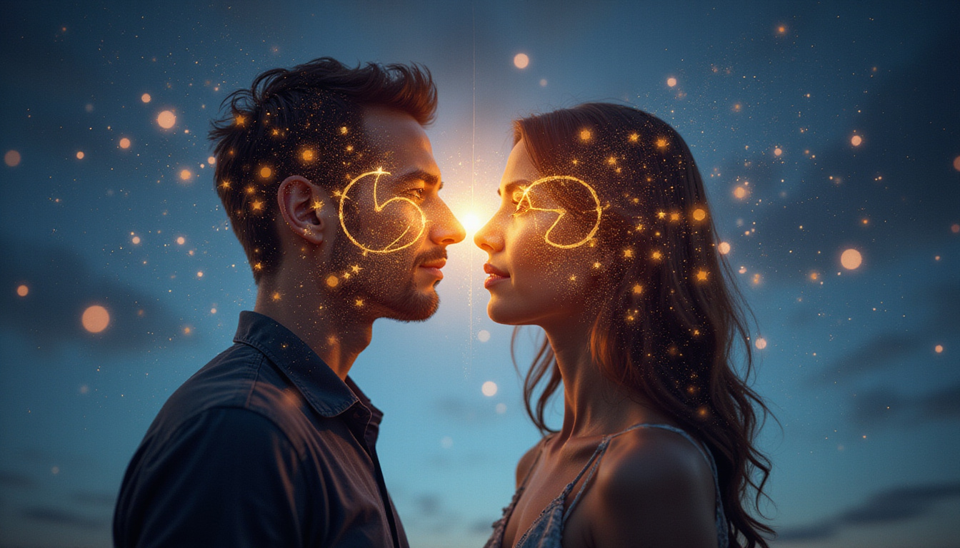  Starlit couple separated by shifting astrological symbols, broken clock hands, glowing hearts