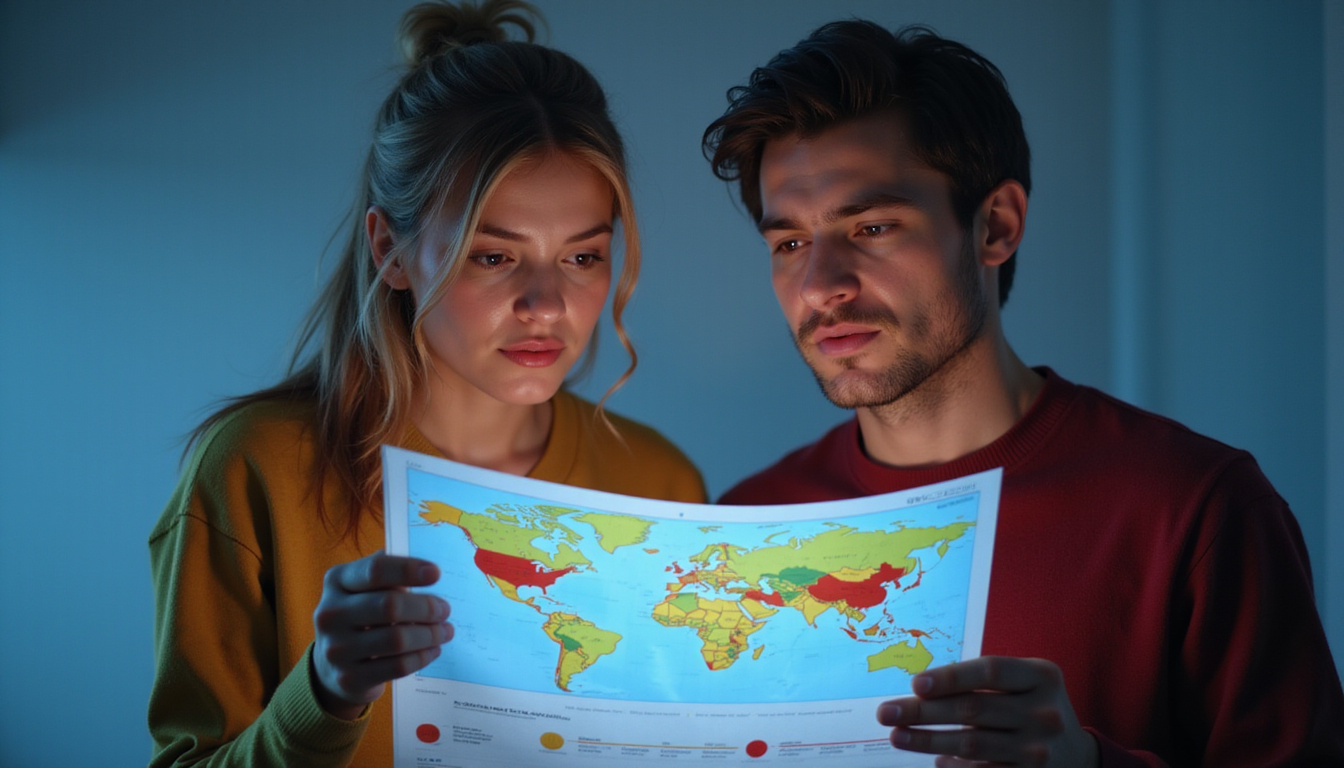 Two partners examining a compatibility report like a map, red flags glowing, anxious expressions