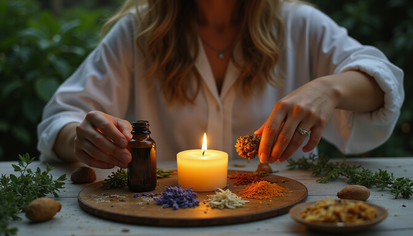 Healer blending botanical remedies guided by planetary symbols, warm candlelight, celestial herbs
