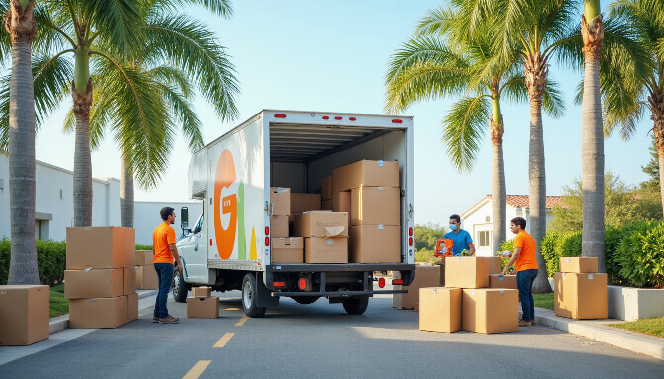 Fast eco friendly cleanout truck loading appliances, workers sorting donations under palm trees