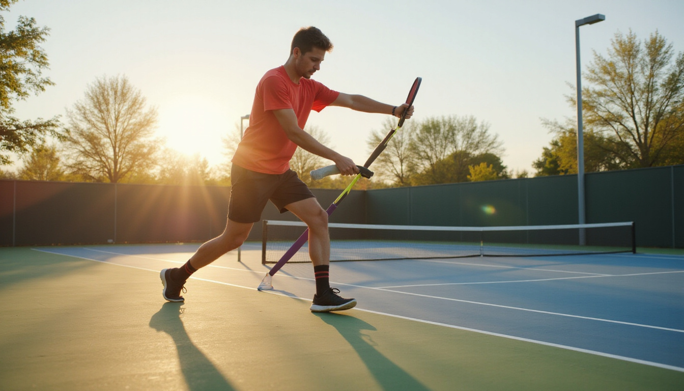  Player stretching with resistance band on pickleball court, dynamic follow-through, sunlit athletic focus