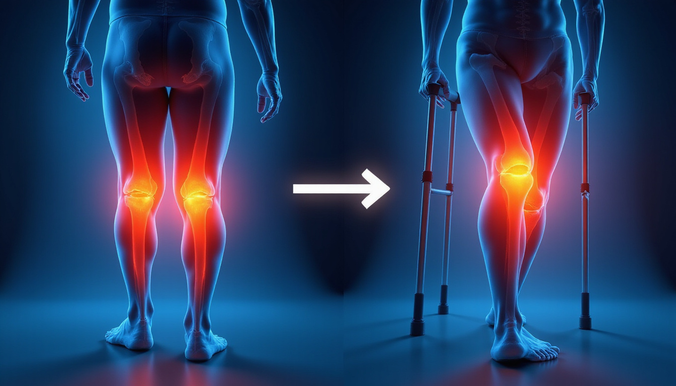  Before-after visualization: inflamed red knee transforming into relieved glowing joint, walking without crutches