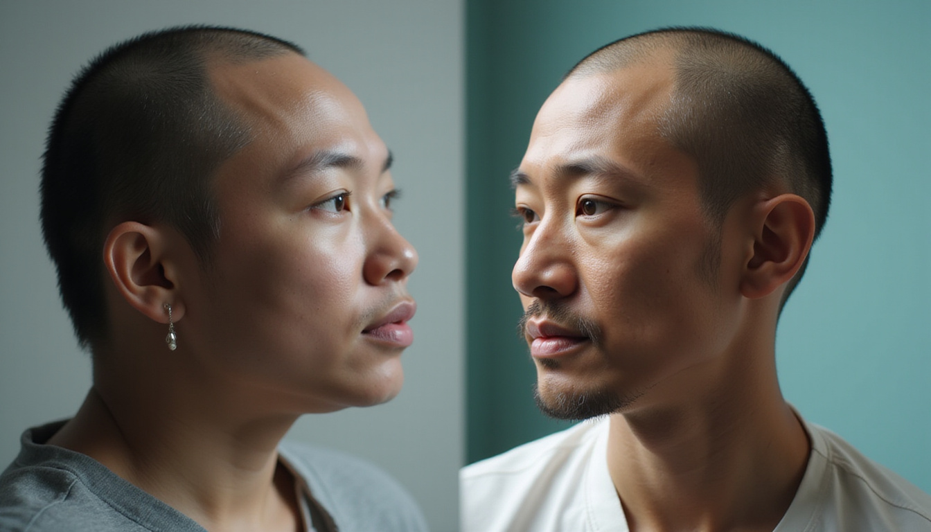  Dramatic before-and-after montage of scalp regeneration, realistic textures, hopeful expression, soft cinematic tones