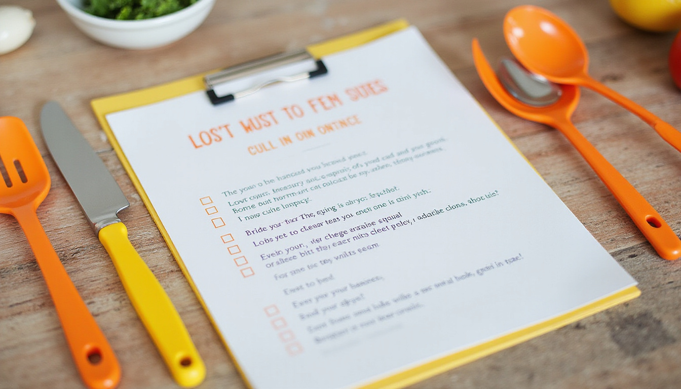 Checklist on kitchen counter, adaptive utensils, step-by-step routine card, morning independence scene