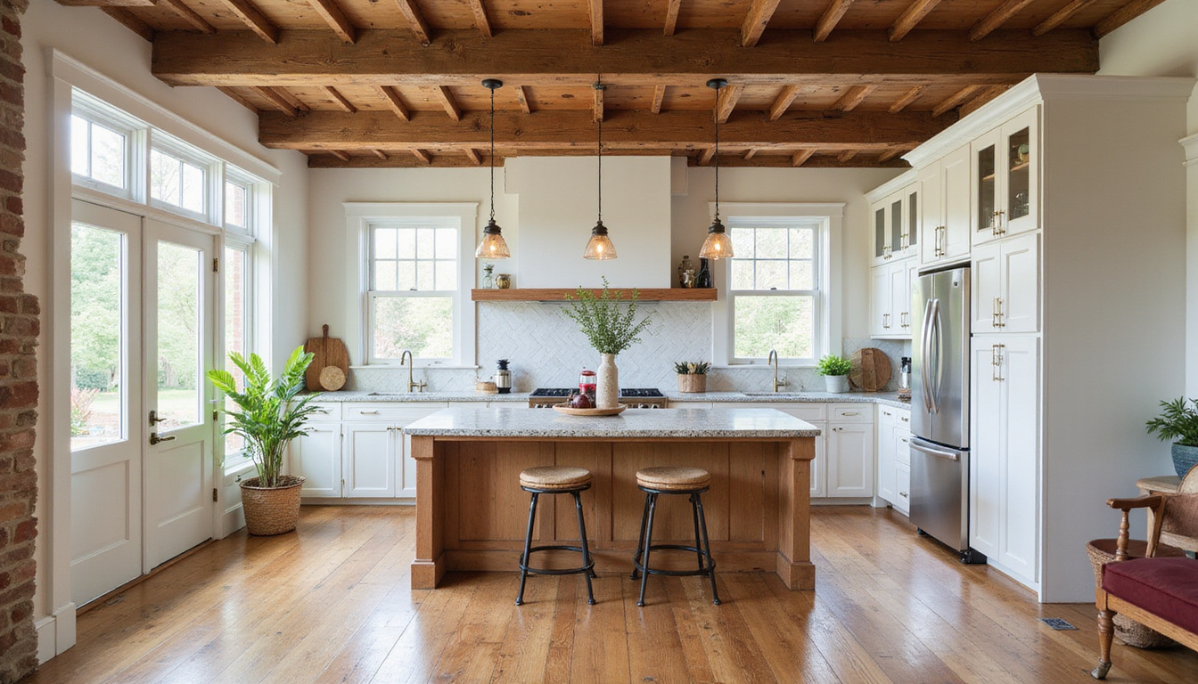  Renovated farmhouse kitchen blending smart tech, energy-efficient windows, reclaimed beams, cozy modern rustic