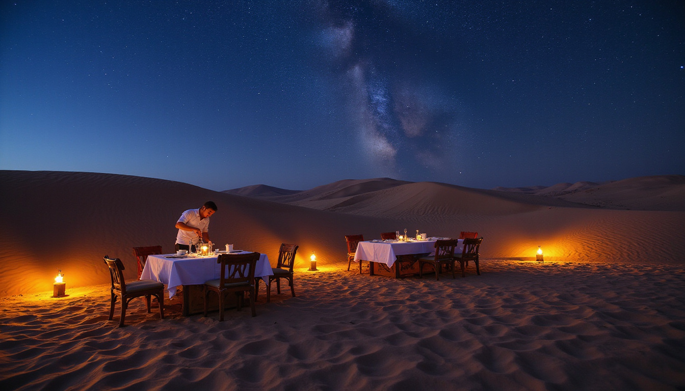 Desert resort private dining under stars, chef preparing koshari and mezze, torchlit sand dunes
