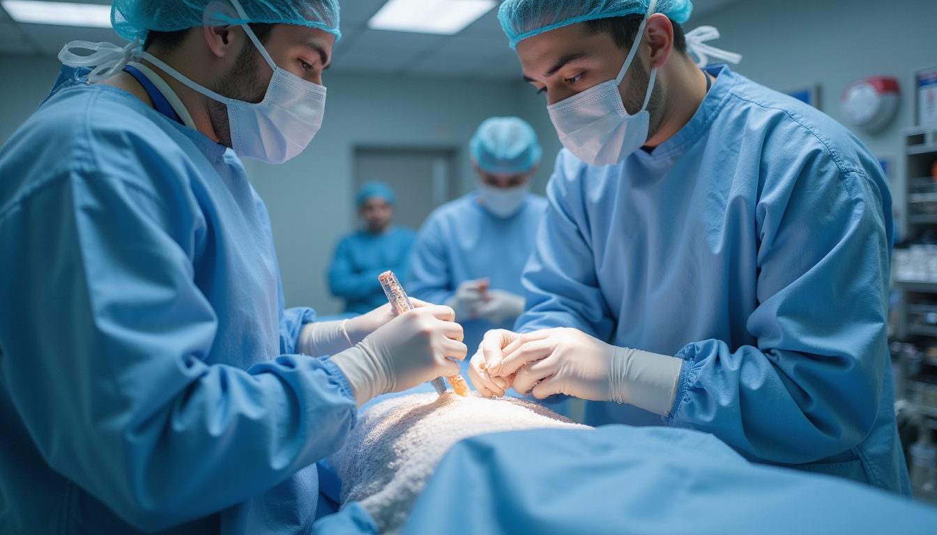 futuristic surgeon implanting flexible hydrogel scaffold into bone, nanofiber lattice, sterile operating theater