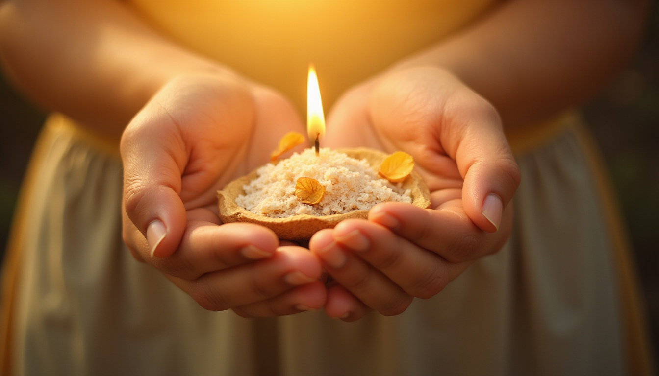 Gentle morning ritual hands holding lit palo santo warm golden light soft feathers