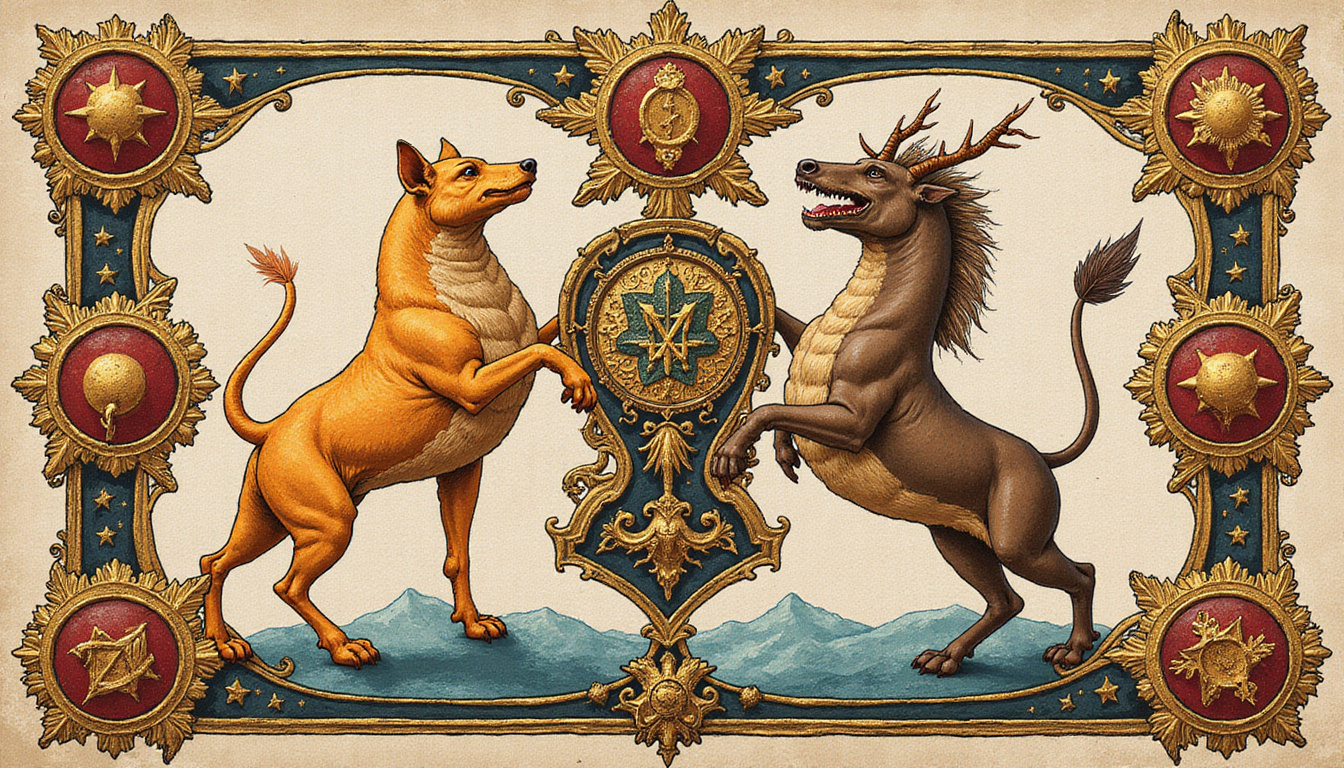 Symbolic bestiary illuminated manuscript with golden inks, mythic animals embodying power, ritual motifs