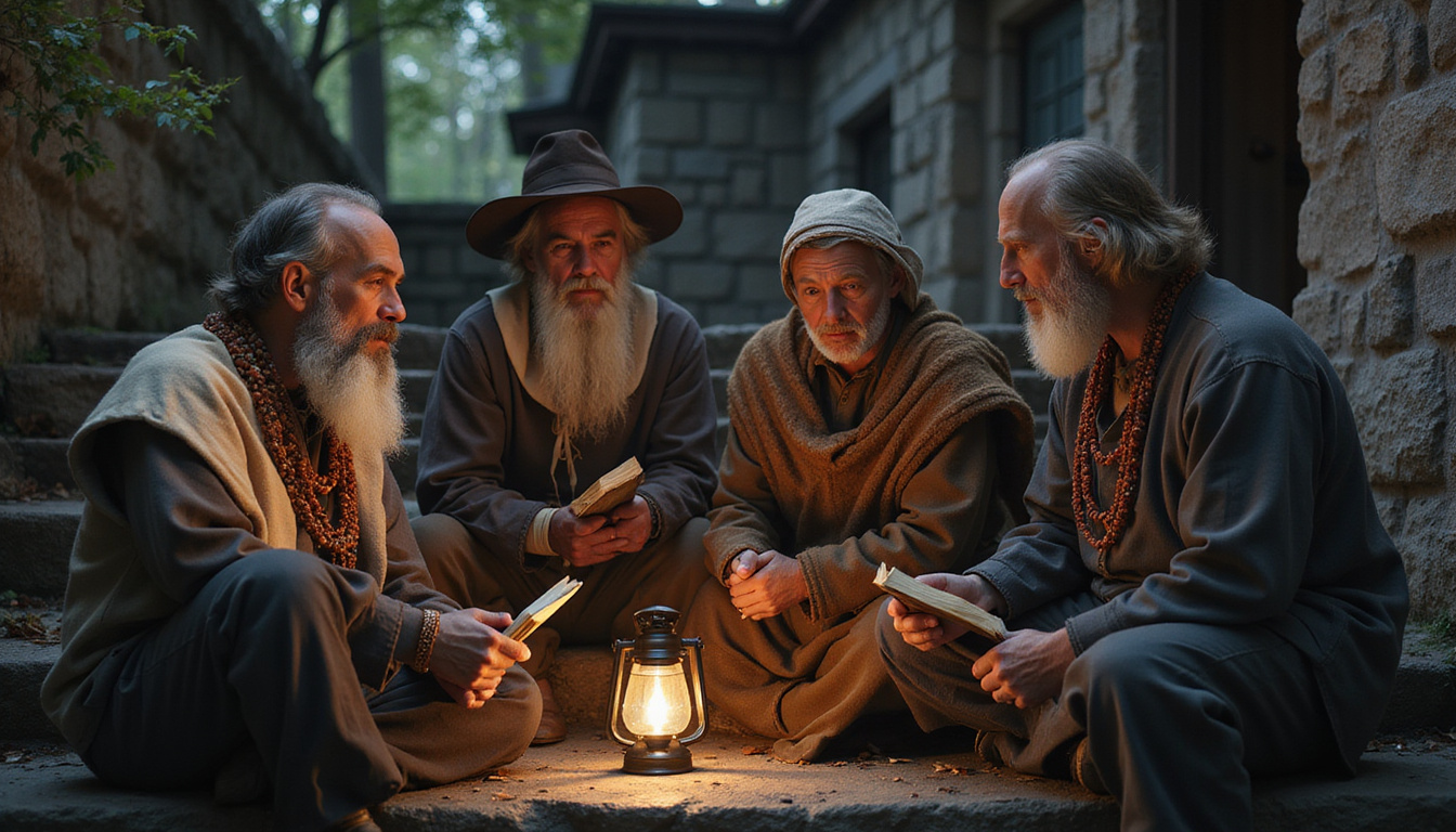 Pilgrims with weathered faces and beads sharing hushed stories on stone steps under lantern light