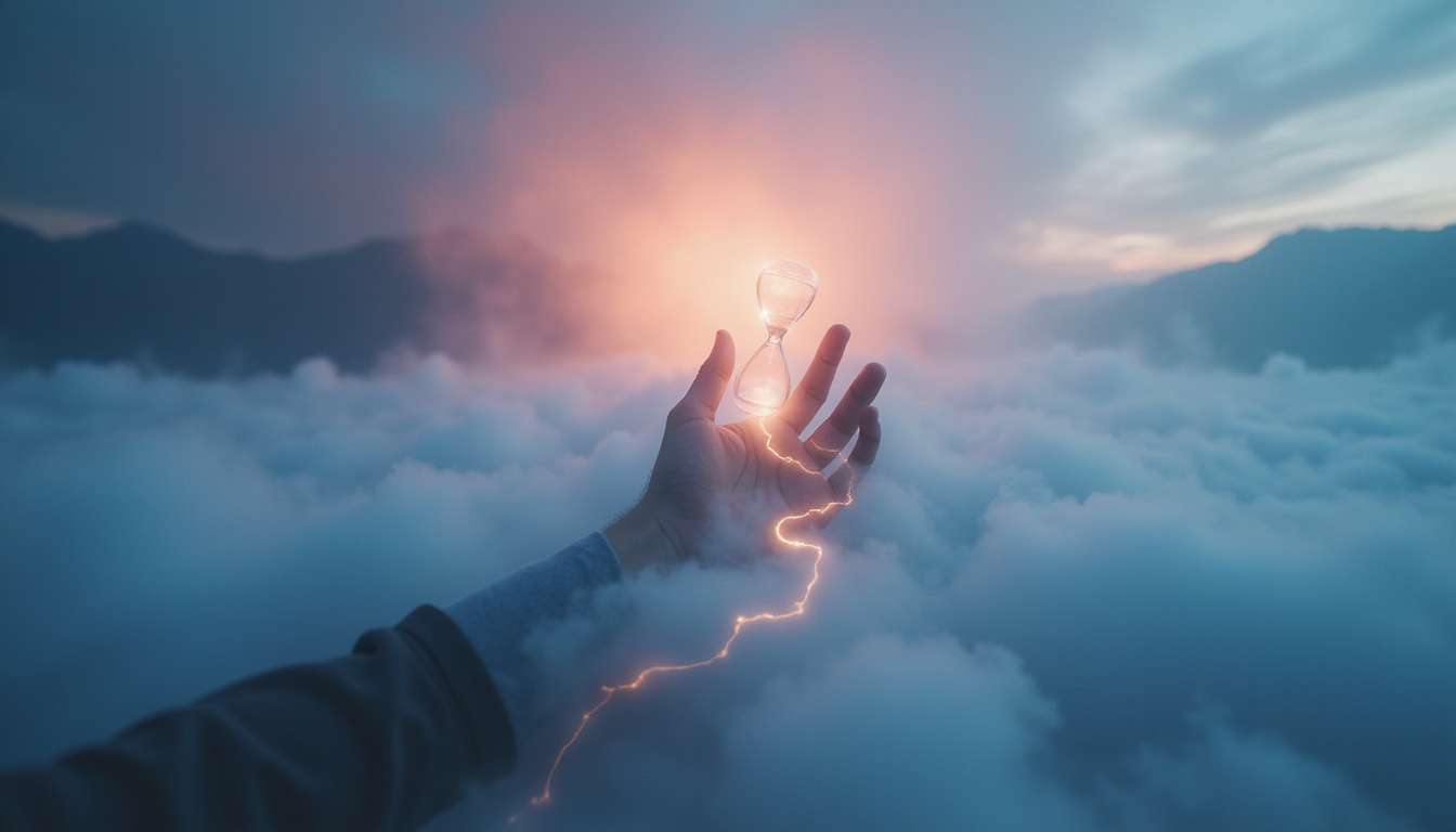  Mystical hand emerging from fog, life line morphing into winding path and hourglass