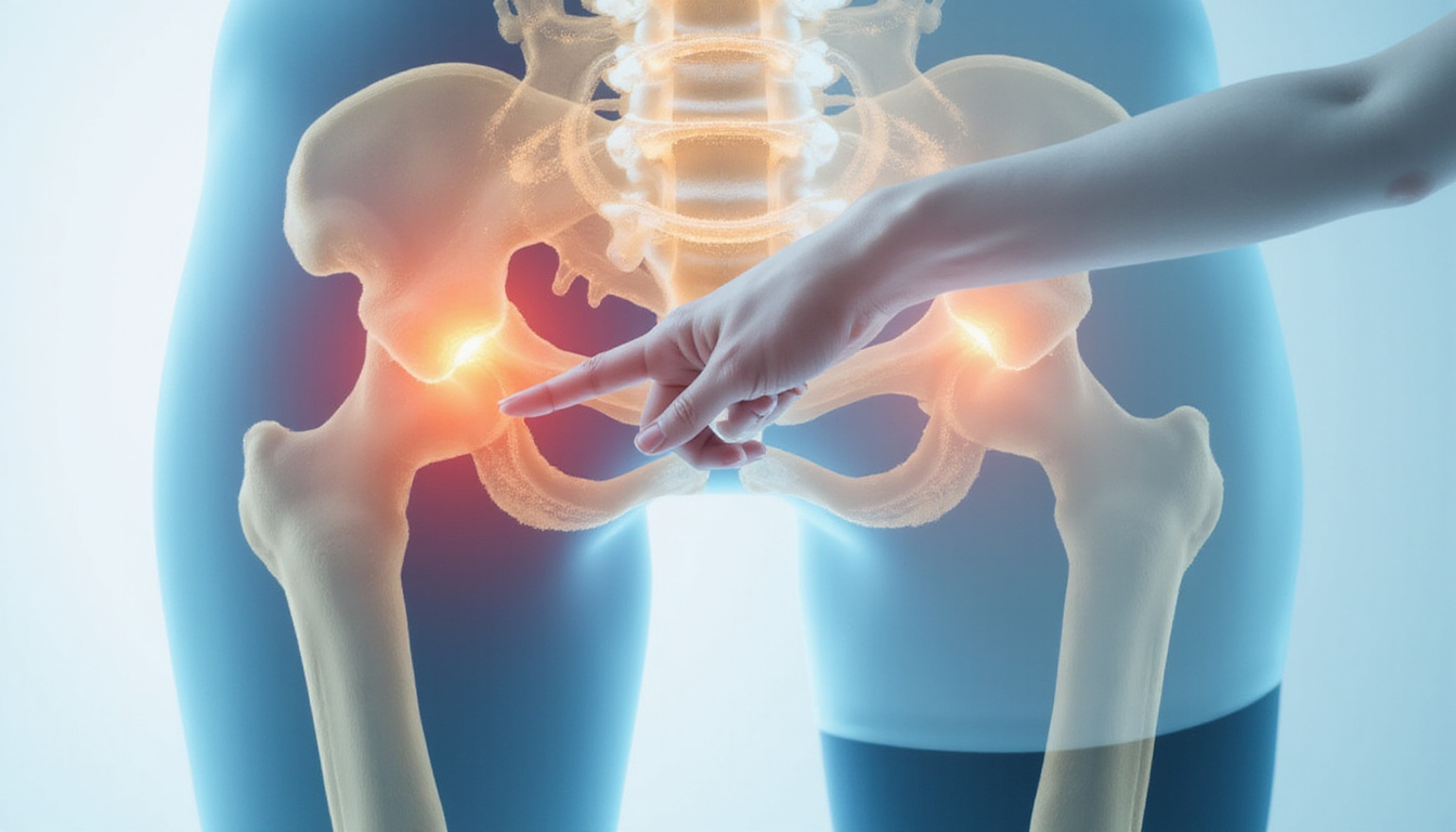Close-up anatomical overlay of gluteus medius activating during exercises, coach pointing, calm pain-free expression