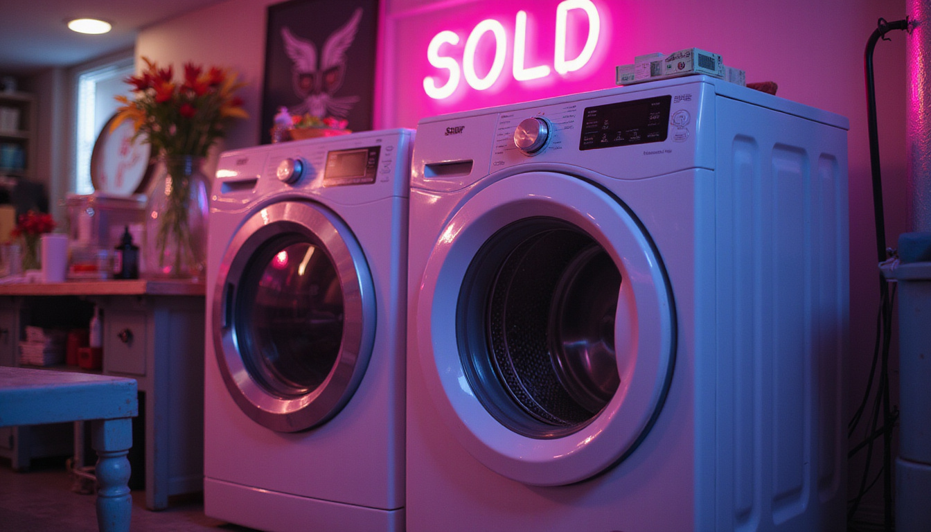  Enthusiastic reseller photographing refurbished washer dryer, cash on table, neon SOLD sign cinematic lighting